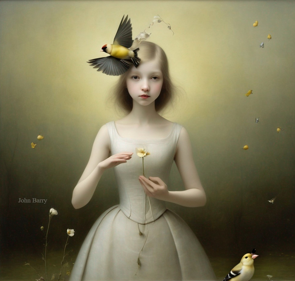 Ethereal Young Girl in Pale Dress Surrounded by Nature