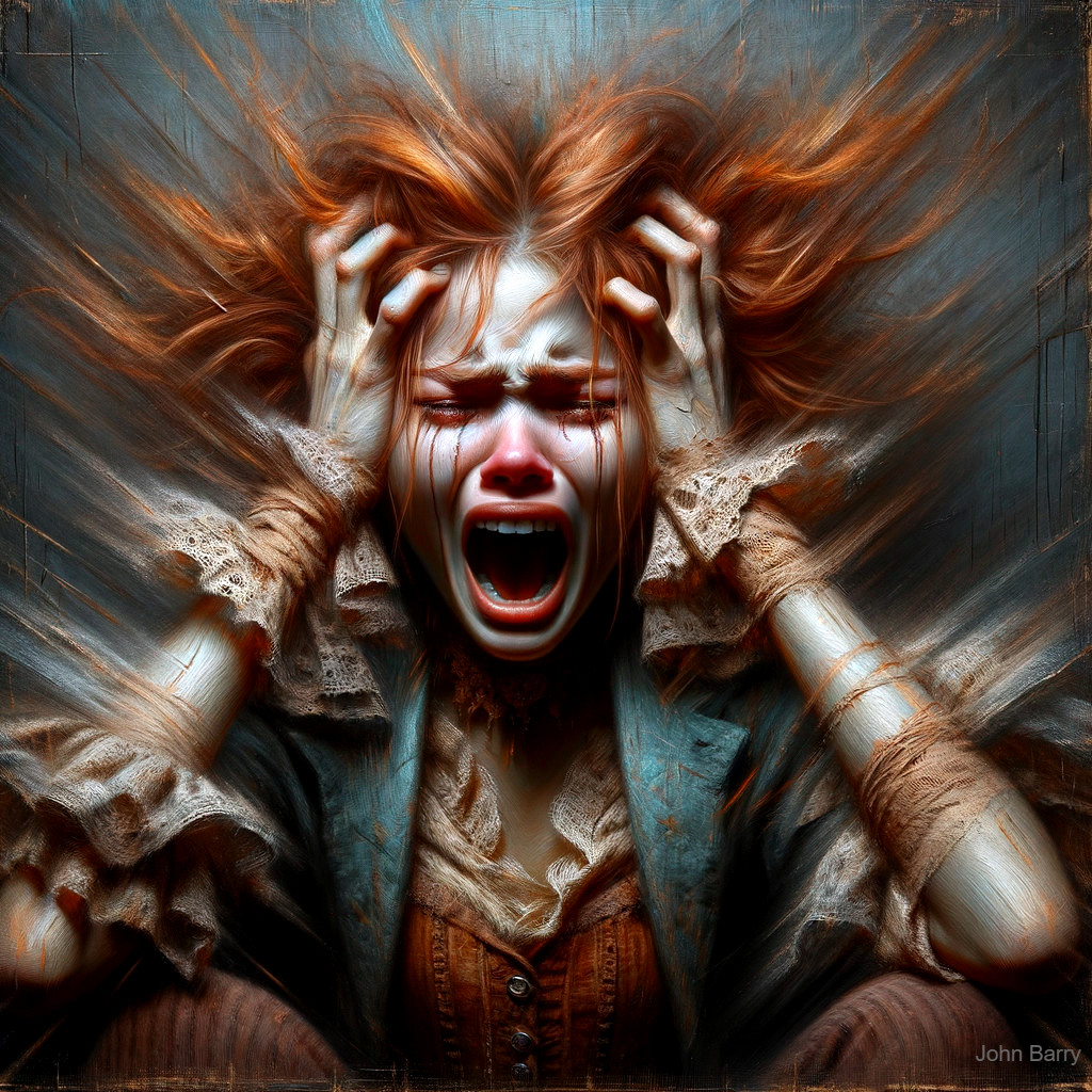 Distressed figure with fiery red hair in emotional turmoil
