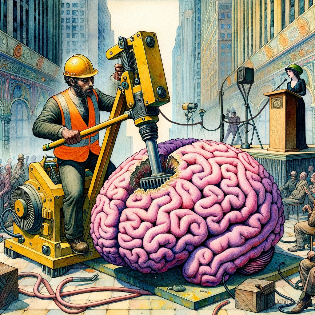 Surreal Urban Scene with Brain and Construction Worker