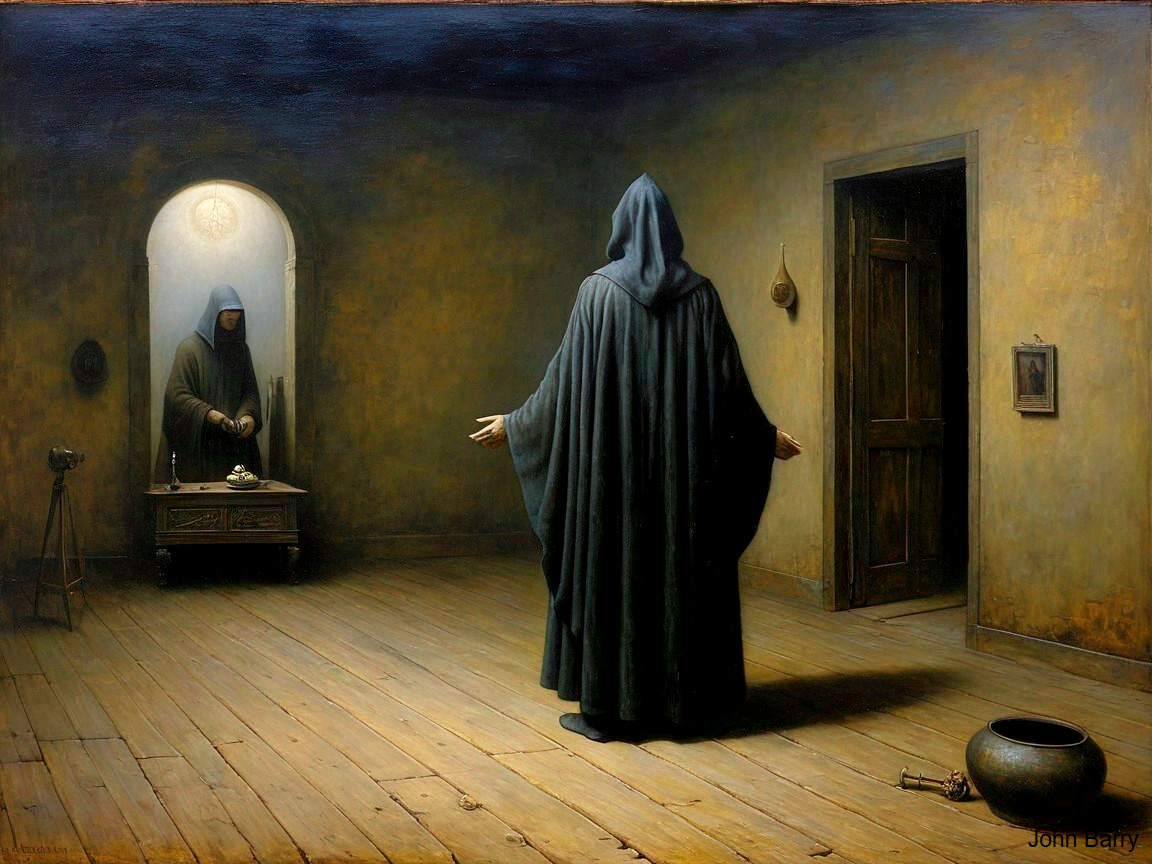 Cloaked Figure in Dim Room with Mirror Reflection