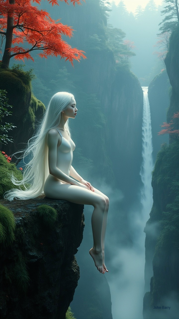 Ethereal Figure Overlooking Misty Canyon and Waterfall