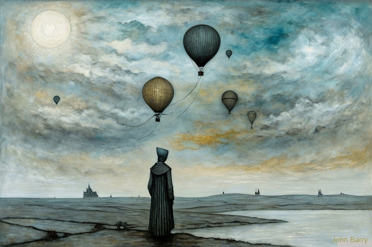 Solitary Figure by Water with Floating Airships