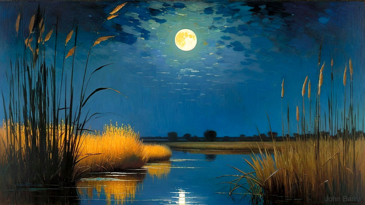 Tranquil Night Scene of a Pond Under a Full Moon