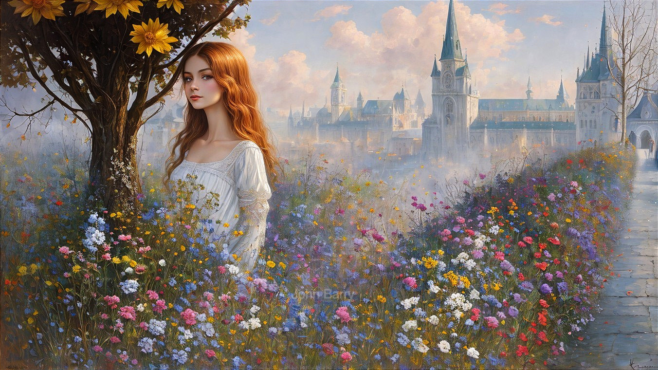 Young Woman in Wildflowers with Picturesque Town Background
