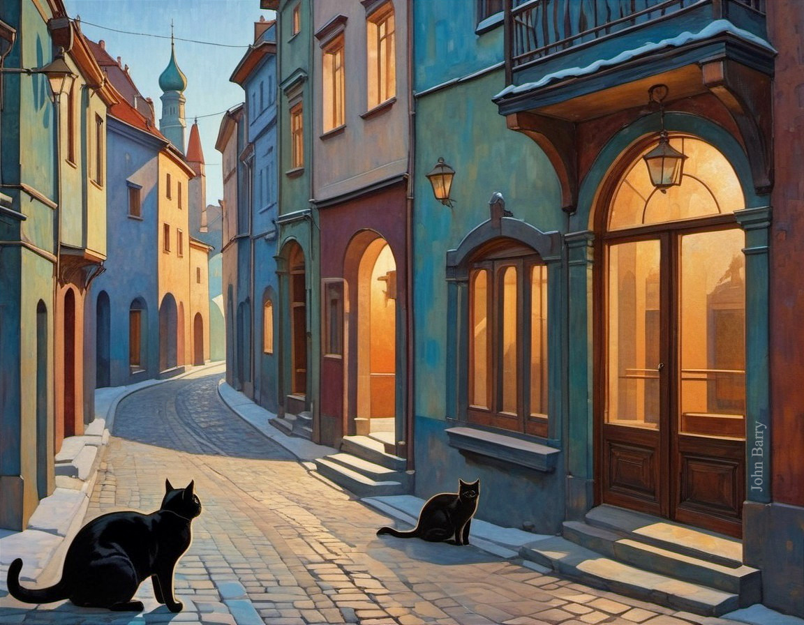 Twilight Scene of Cobblestone Street with Cats