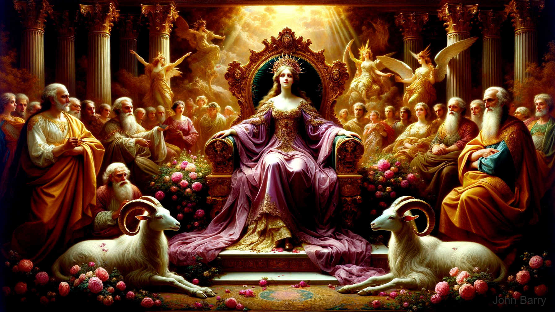 Regal figure on ornate throne with divine surroundings