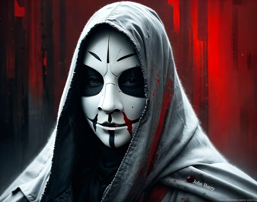 Person in Gray Cloak with White Mask on Red Background