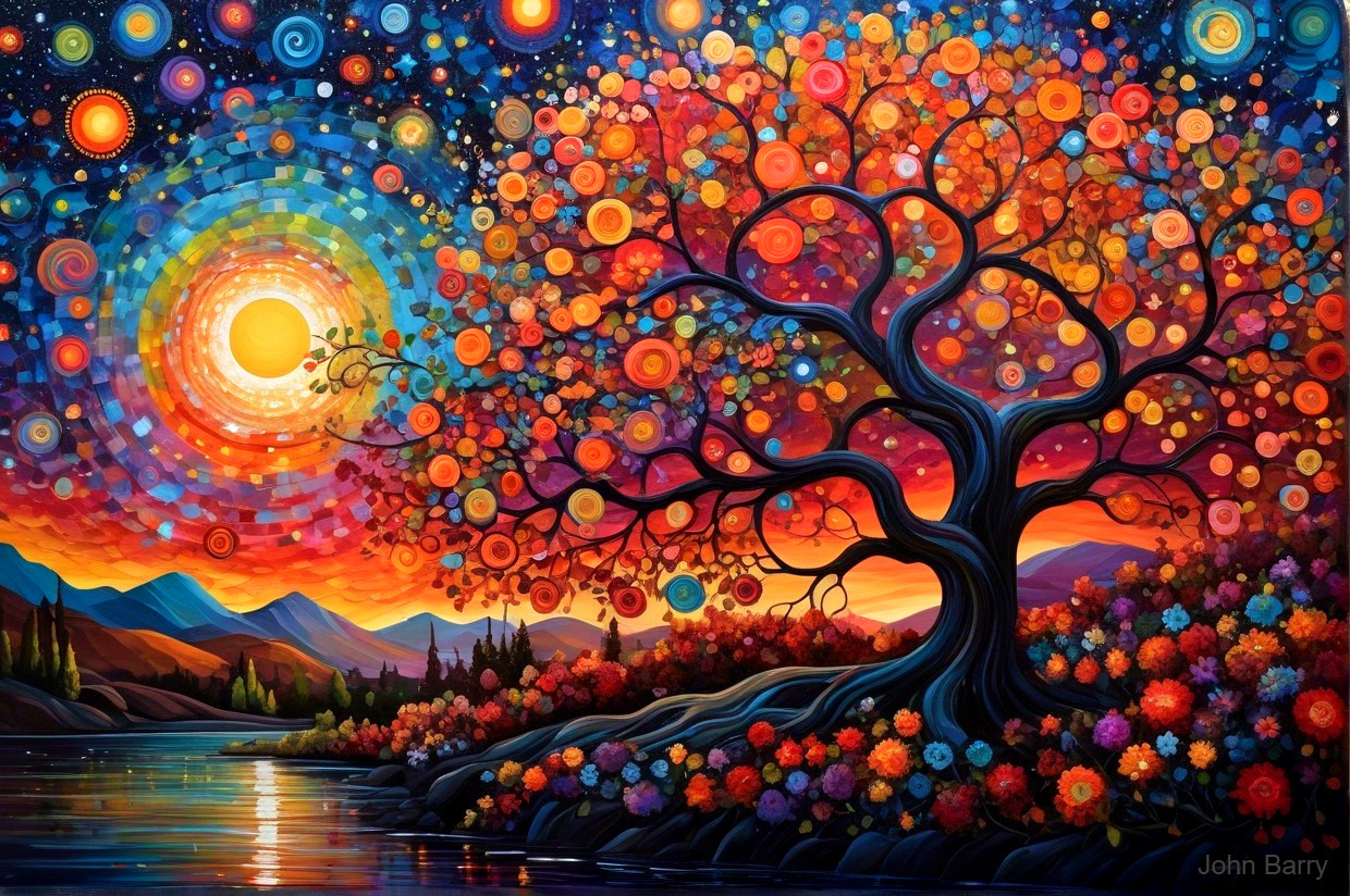 Vibrant Landscape with Majestic Tree and Sunset