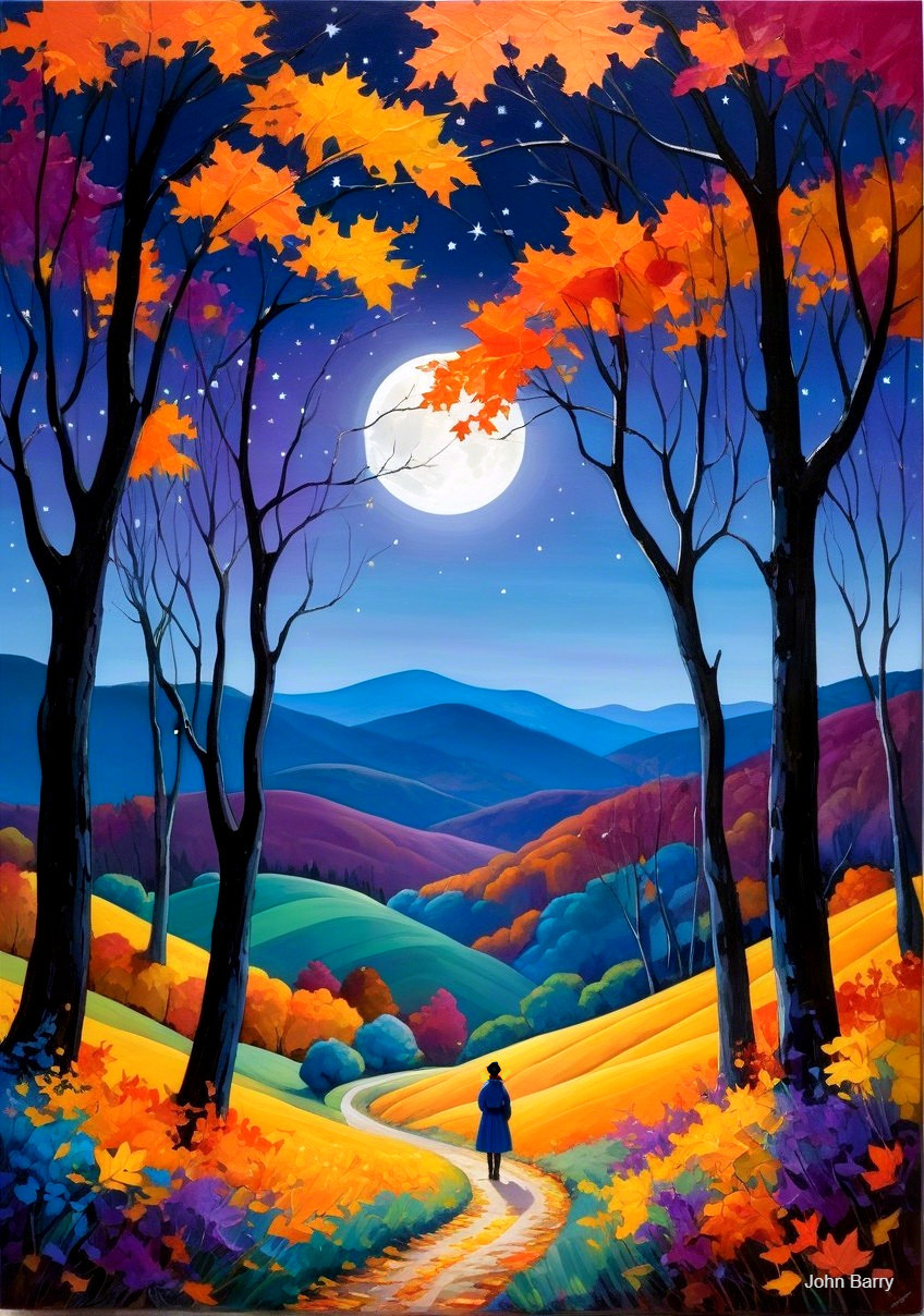 Autumn Landscape with Vibrant Colors and Moonlit Sky