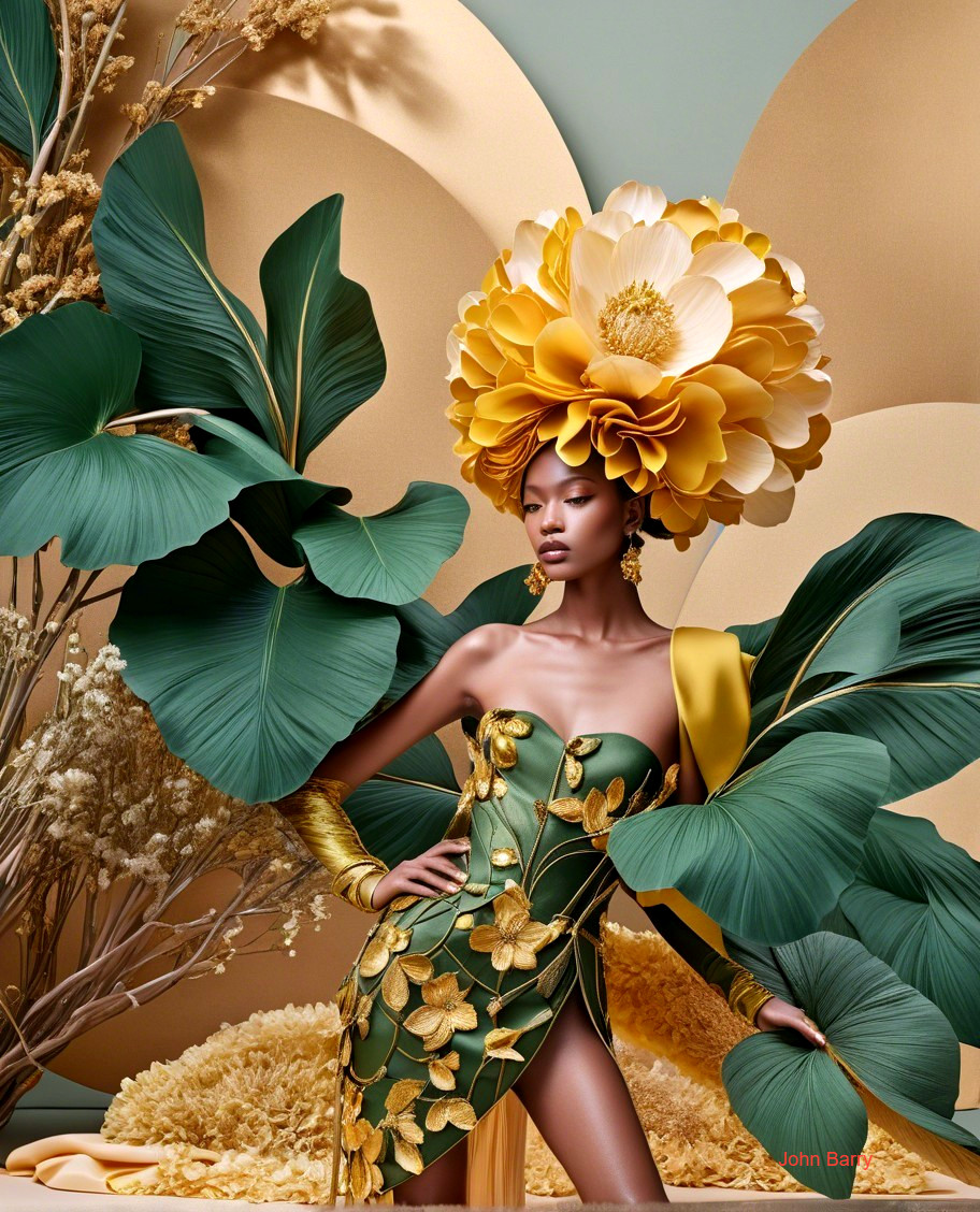 Model in Green Dress with Yellow Flower Headpiece