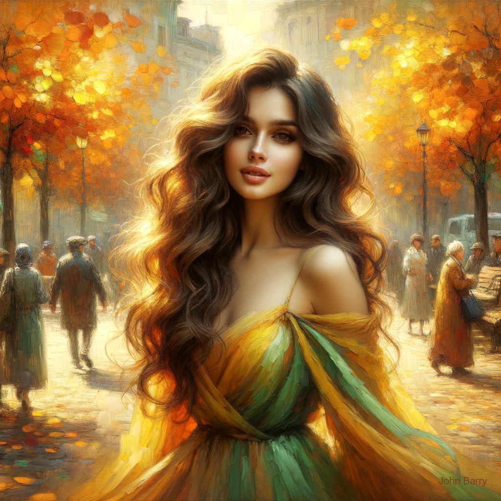 Young Woman in Elegant Dress in Autumn Landscape