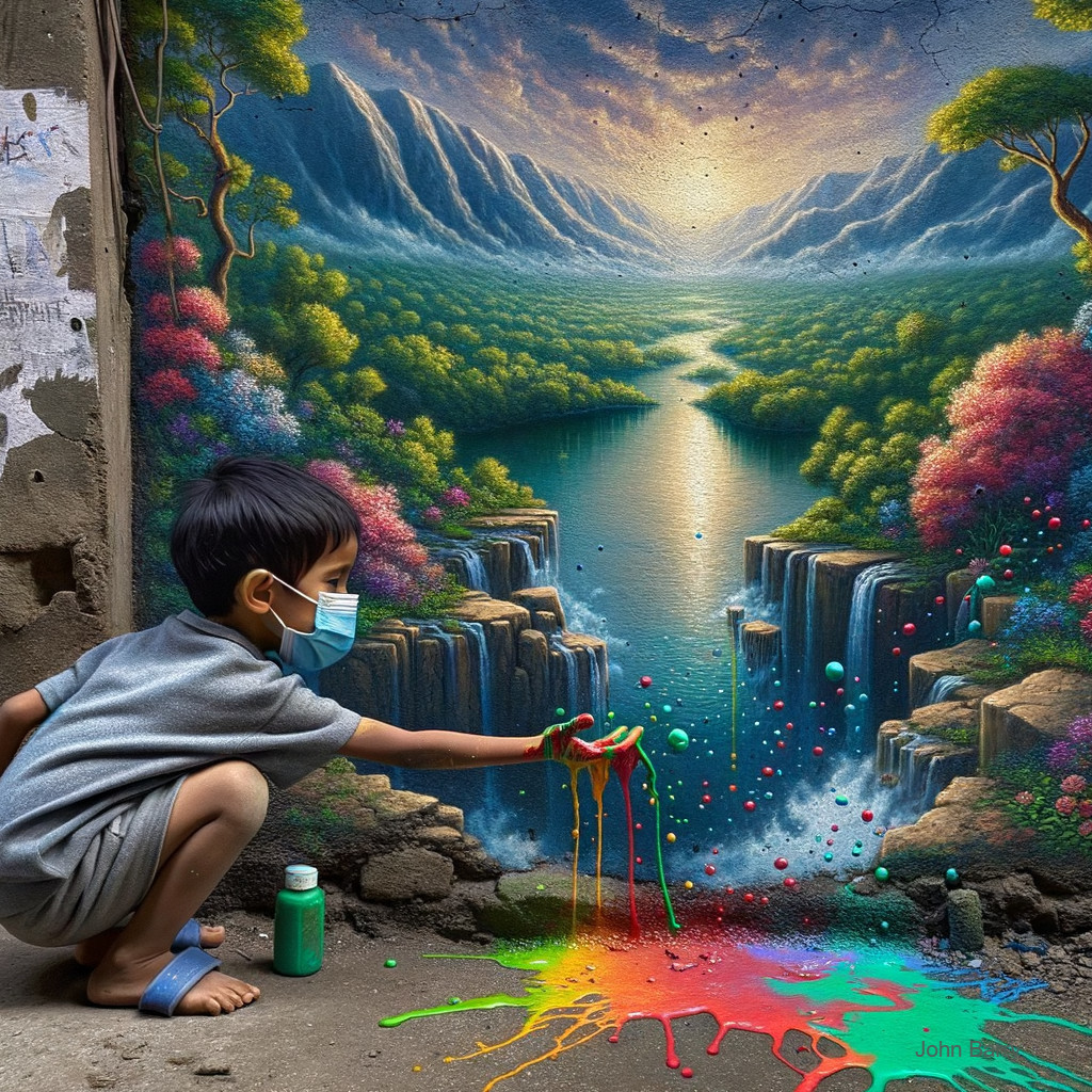 Child in Mask Playing Near Vibrant Mural Scene