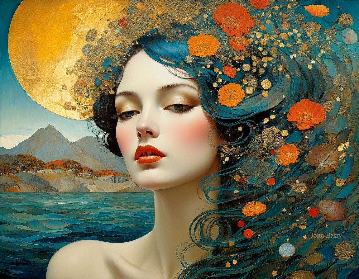 Beautiful Woman with Blue Hair in Tranquil Landscape