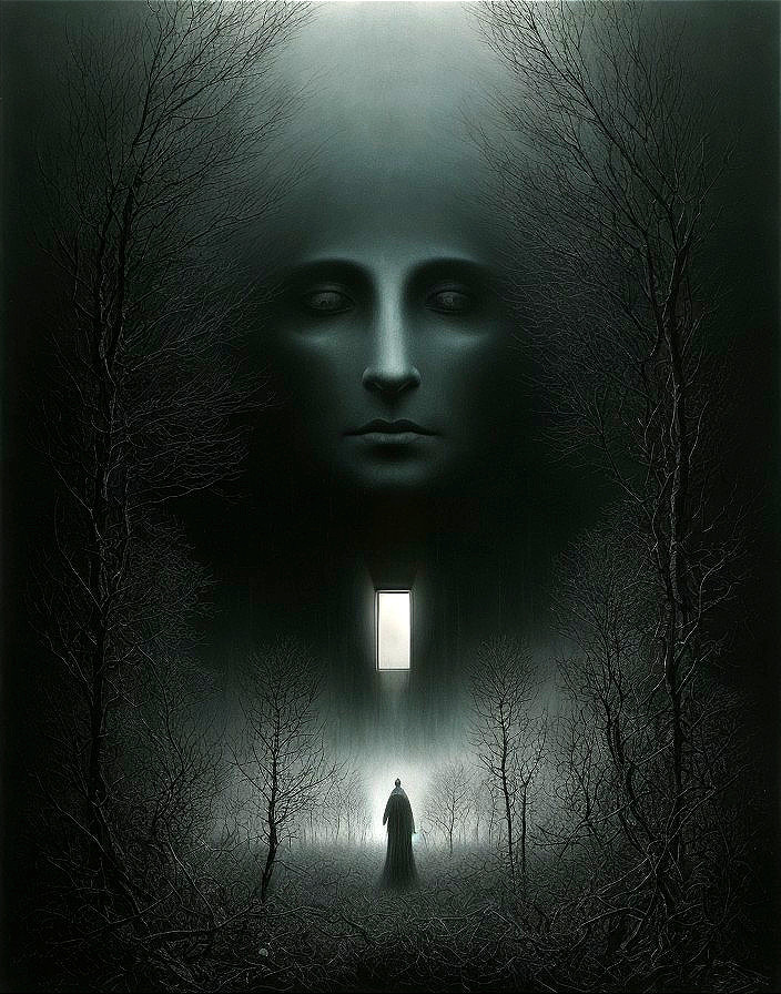 Mysterious figure in dark forest with ghostly face shadow.