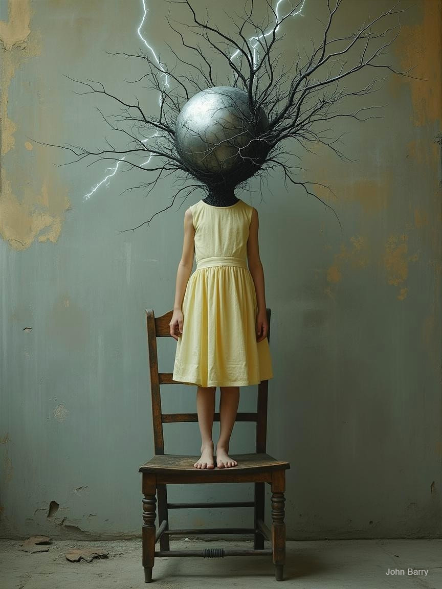 Surreal Scene of Girl with Globe Head and Branches