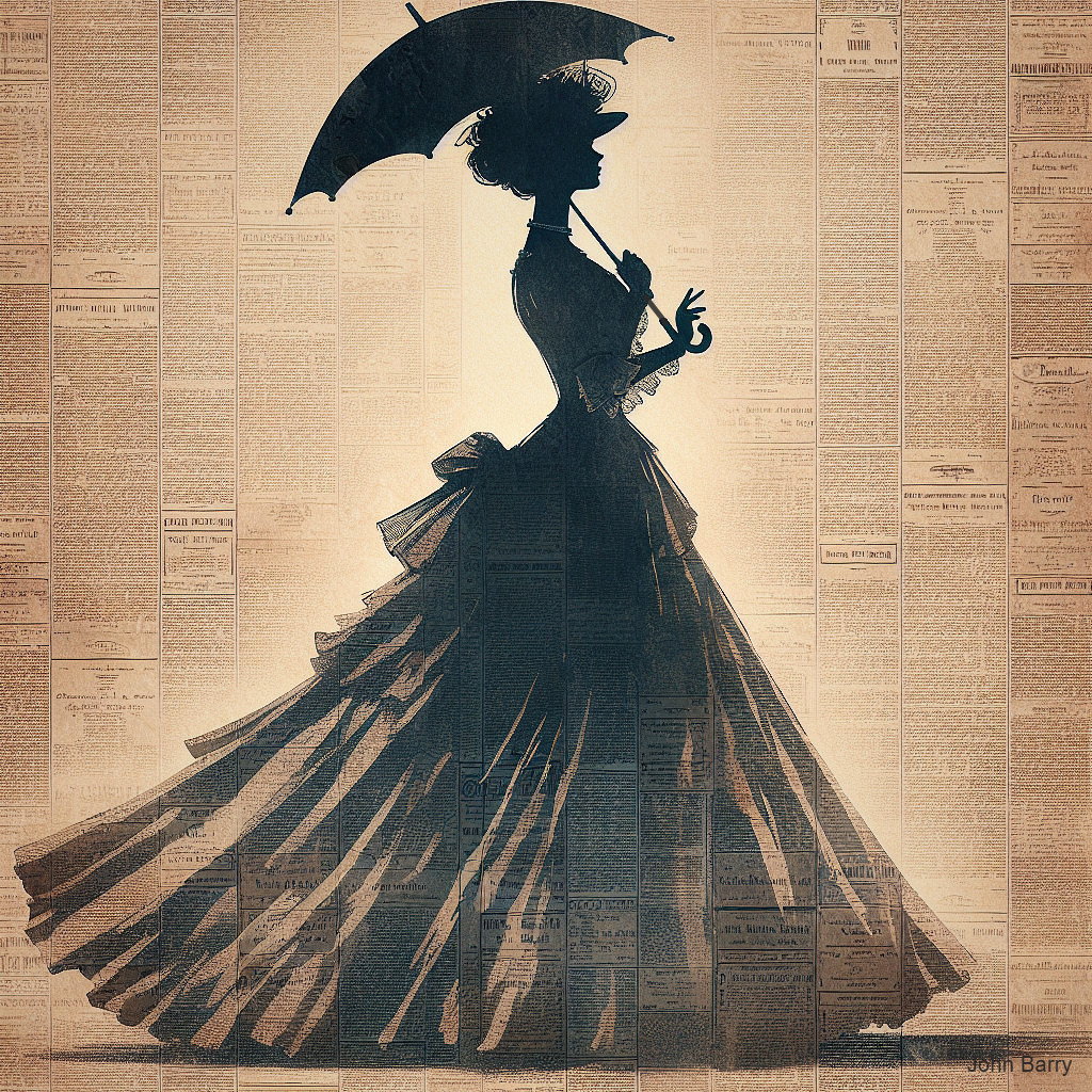 Silhouette of Woman in Vintage Gown with Parasol