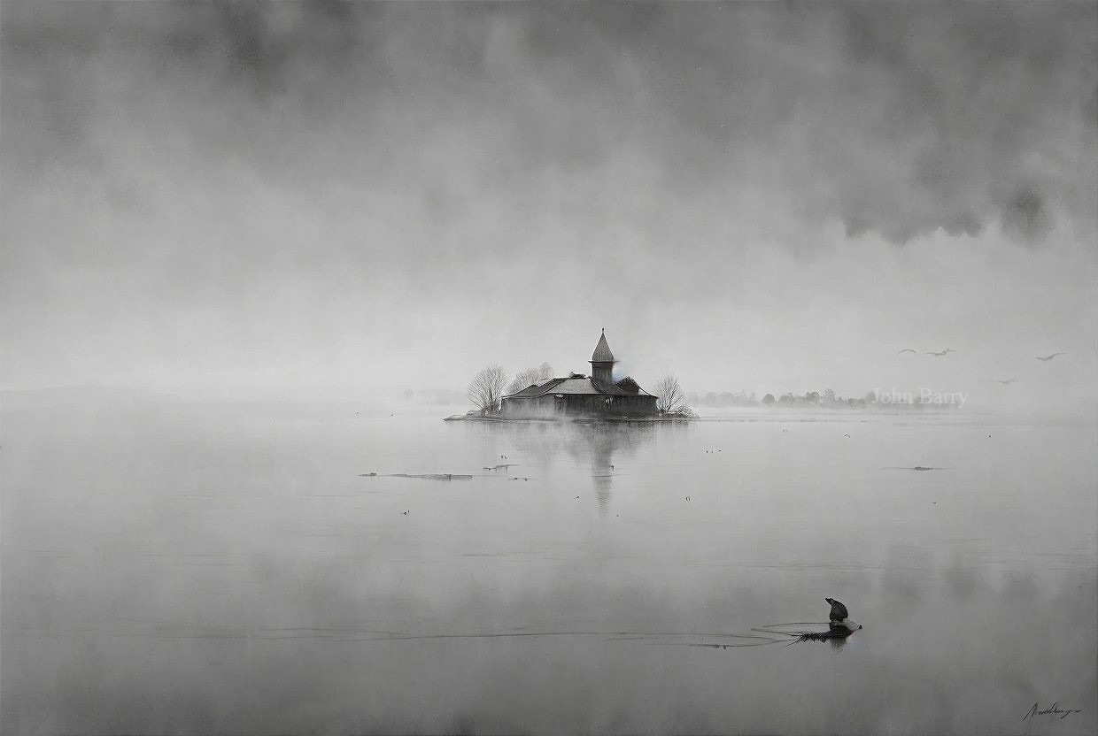 Serene Lake Scene with Mist and Isolated Island