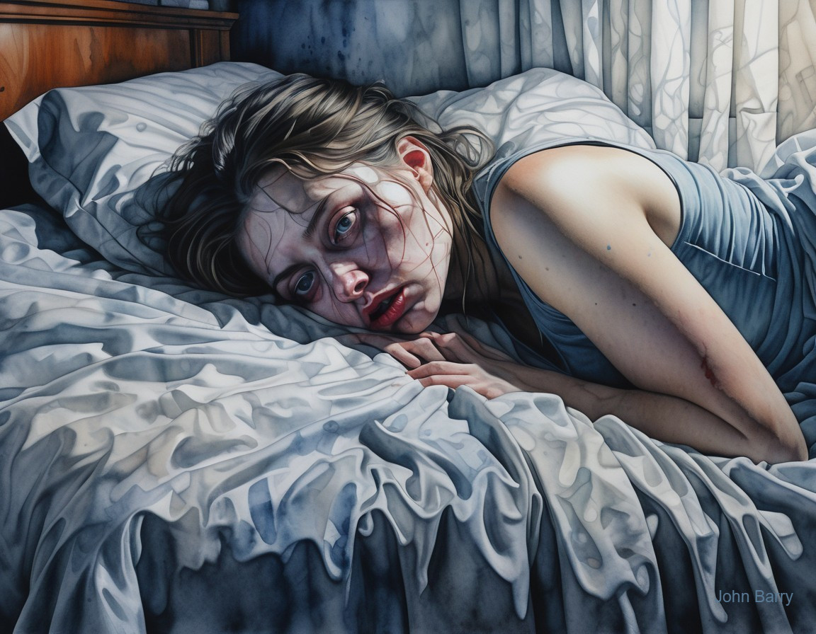 Woman on Bed Reflecting Vulnerability and Despair