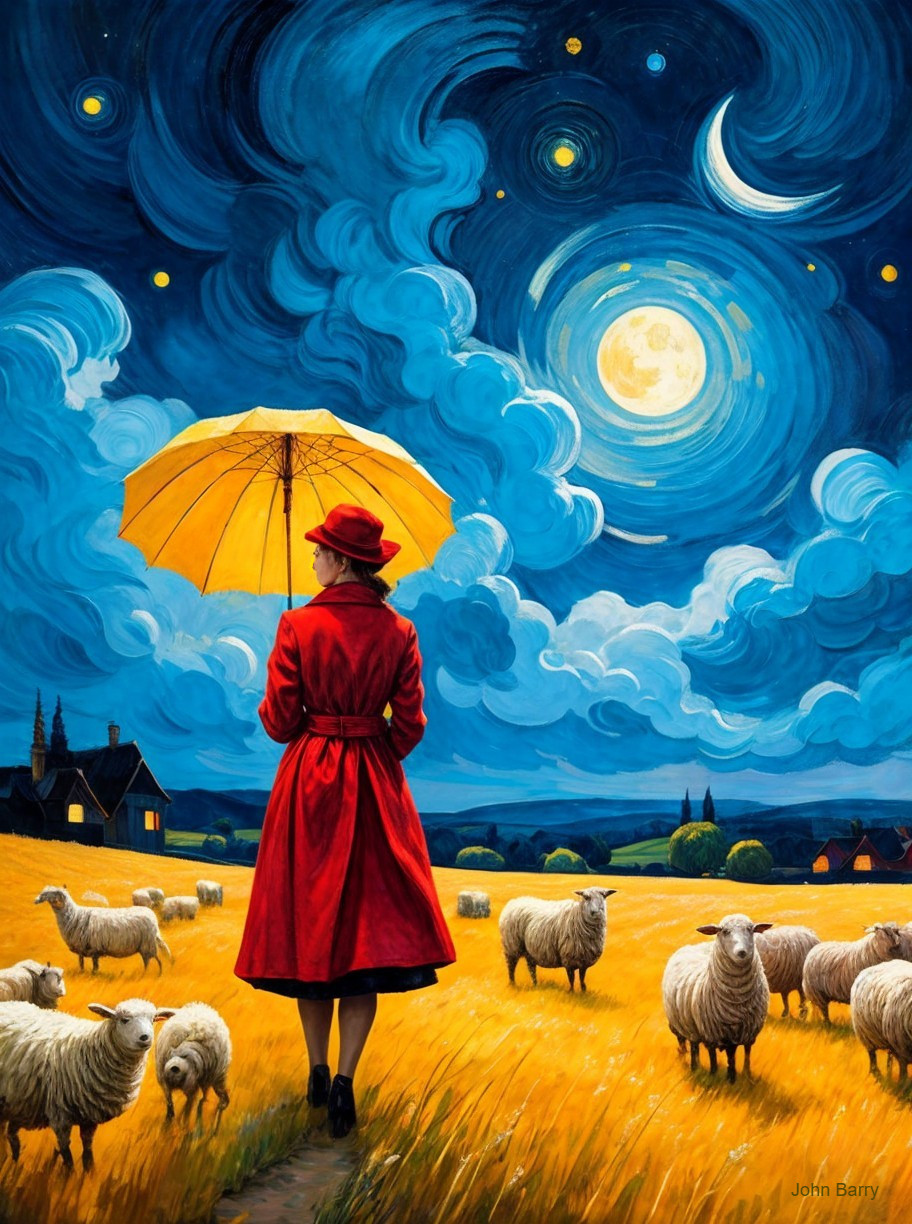 Woman in Red Dress with Umbrella in Twilight Landscape