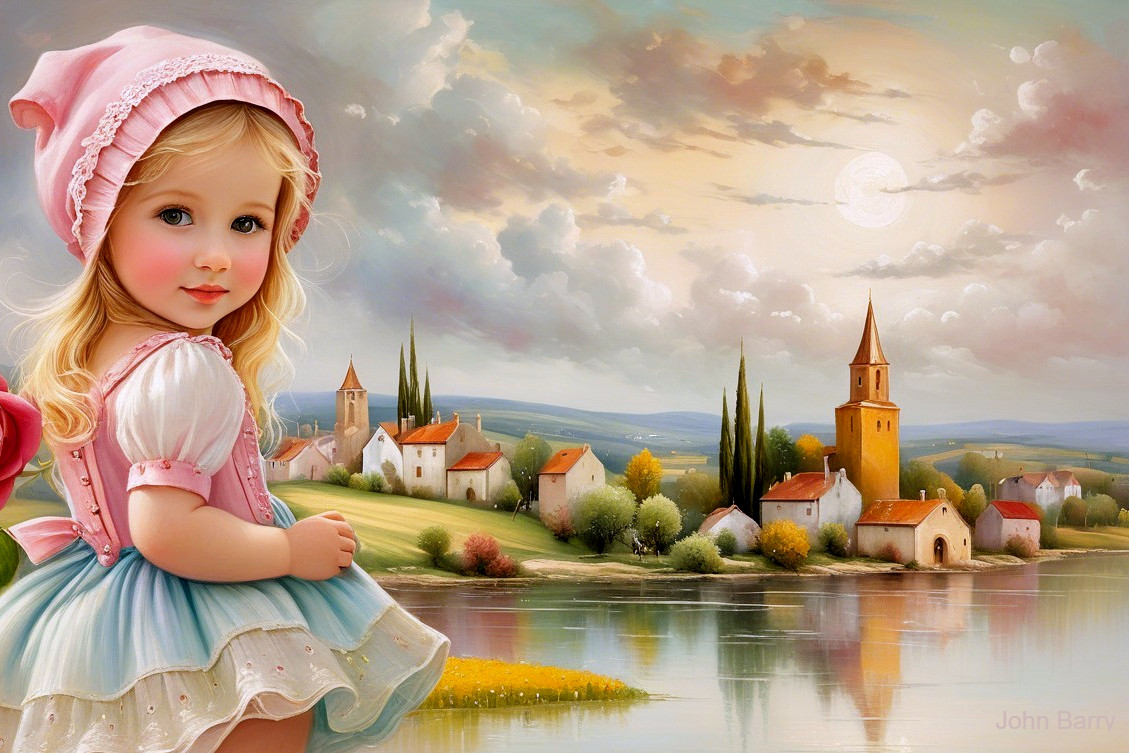 Charming Girl by Serene Lake with Pastel Landscape