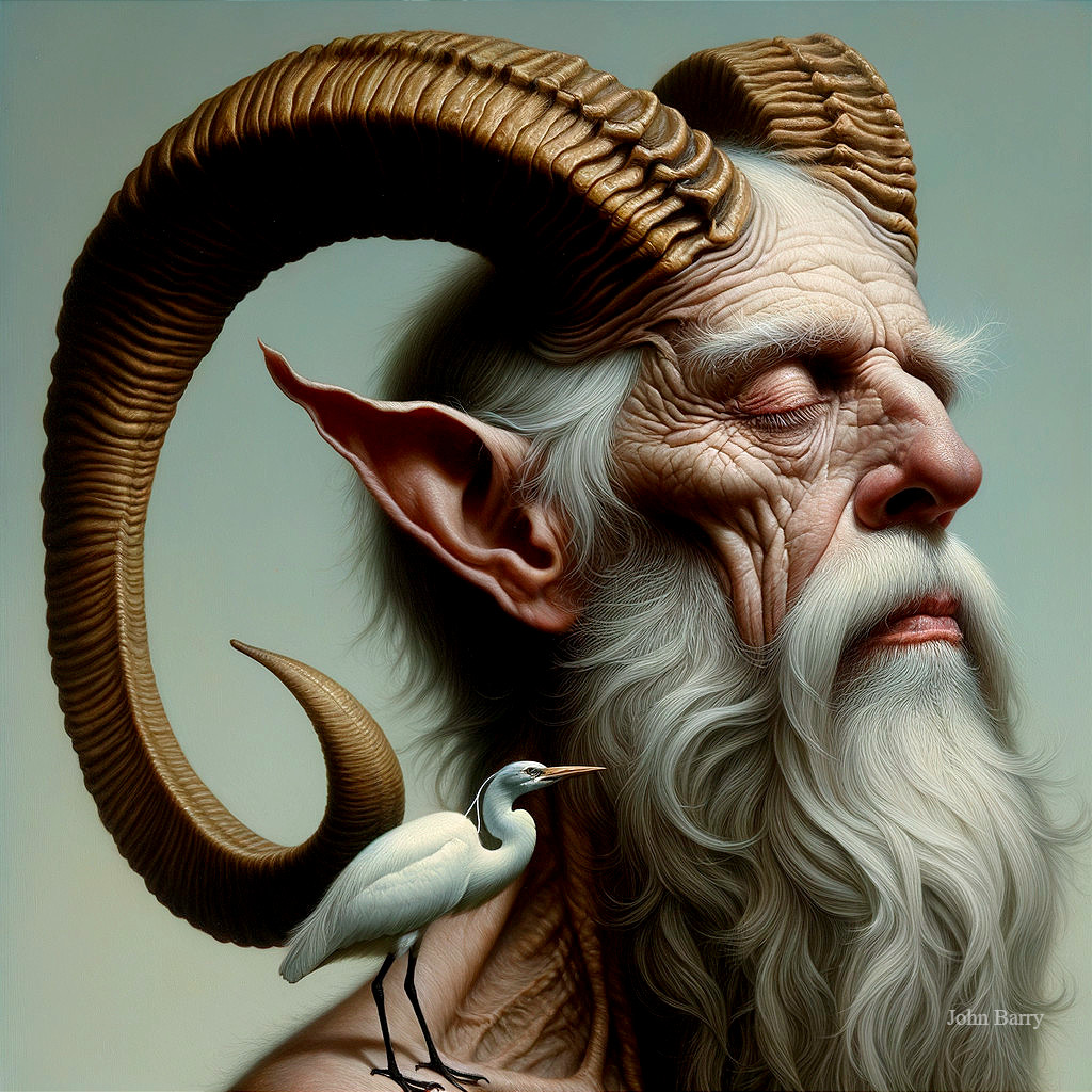 Mythical figure with white hair and ram horns