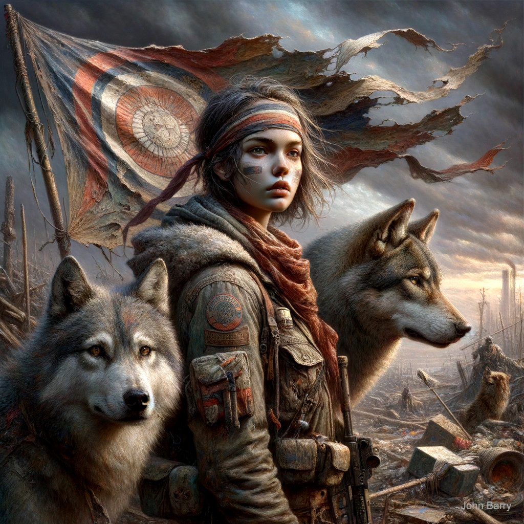 Fierce Woman in Rugged Outfit with Wolves in Landscape
