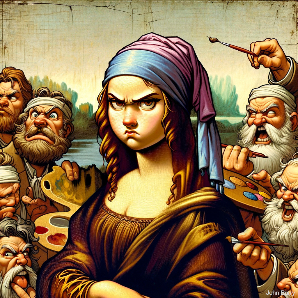 Defiant Young Woman Amidst Chaotic Artistic Debate