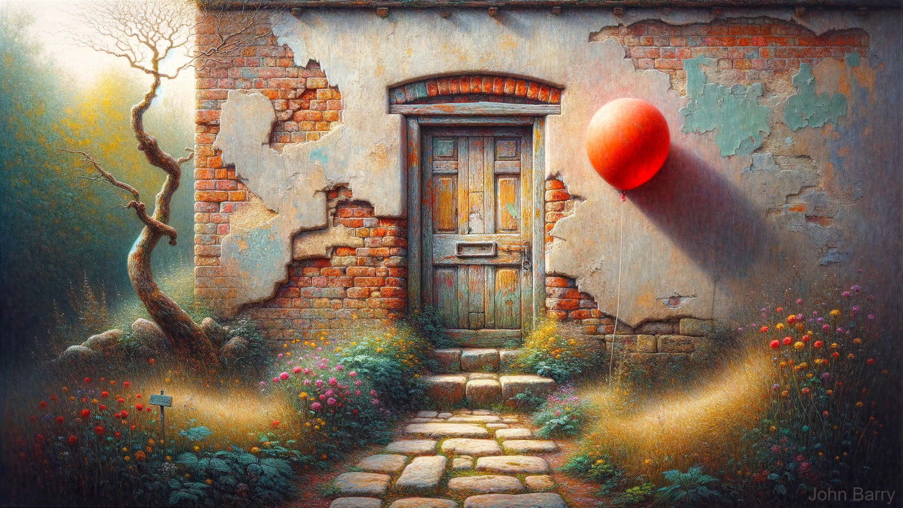 Weathered Brick Wall with Rustic Door and Balloon
