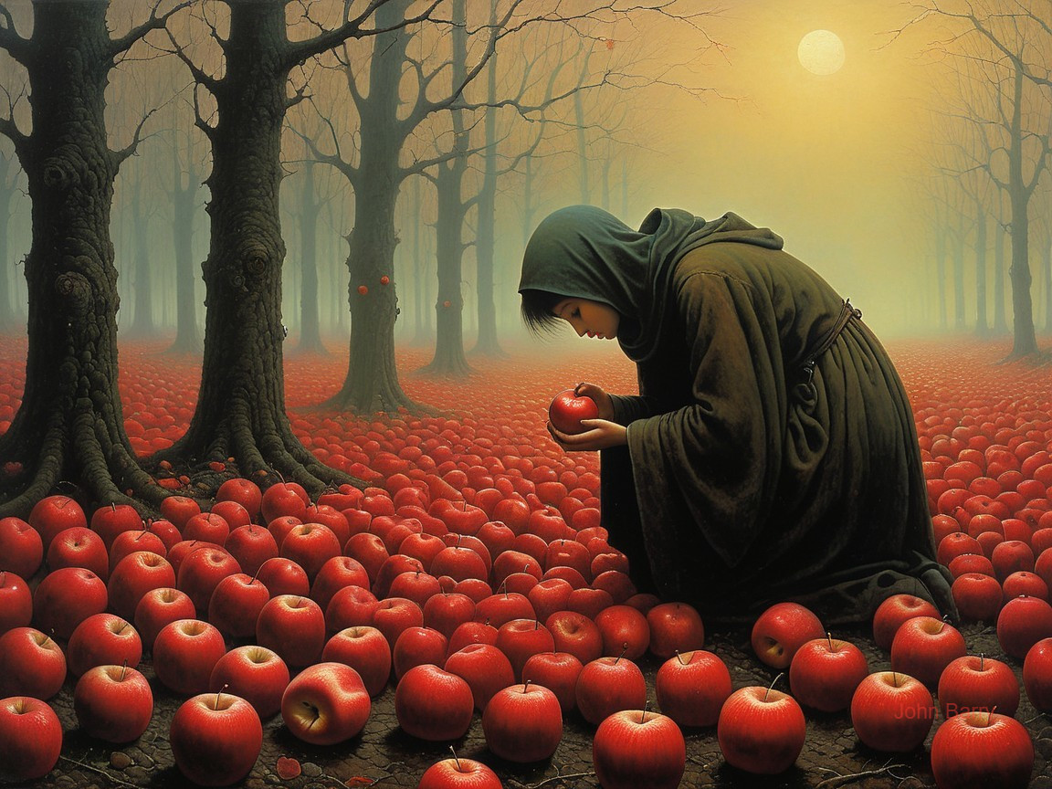 Surreal Twilight Landscape with Cloaked Figure and Apples