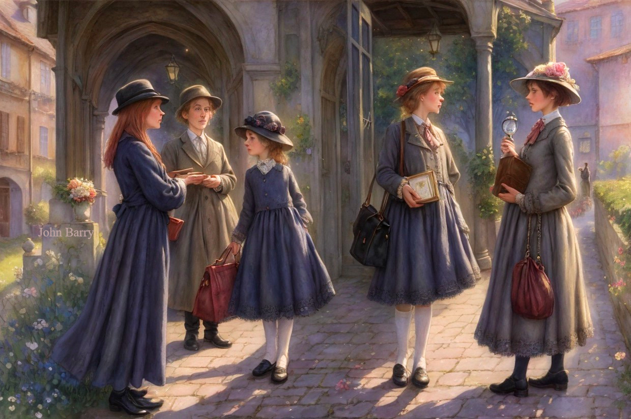 Painting of Six Elegantly Dressed People in Sunlit Street