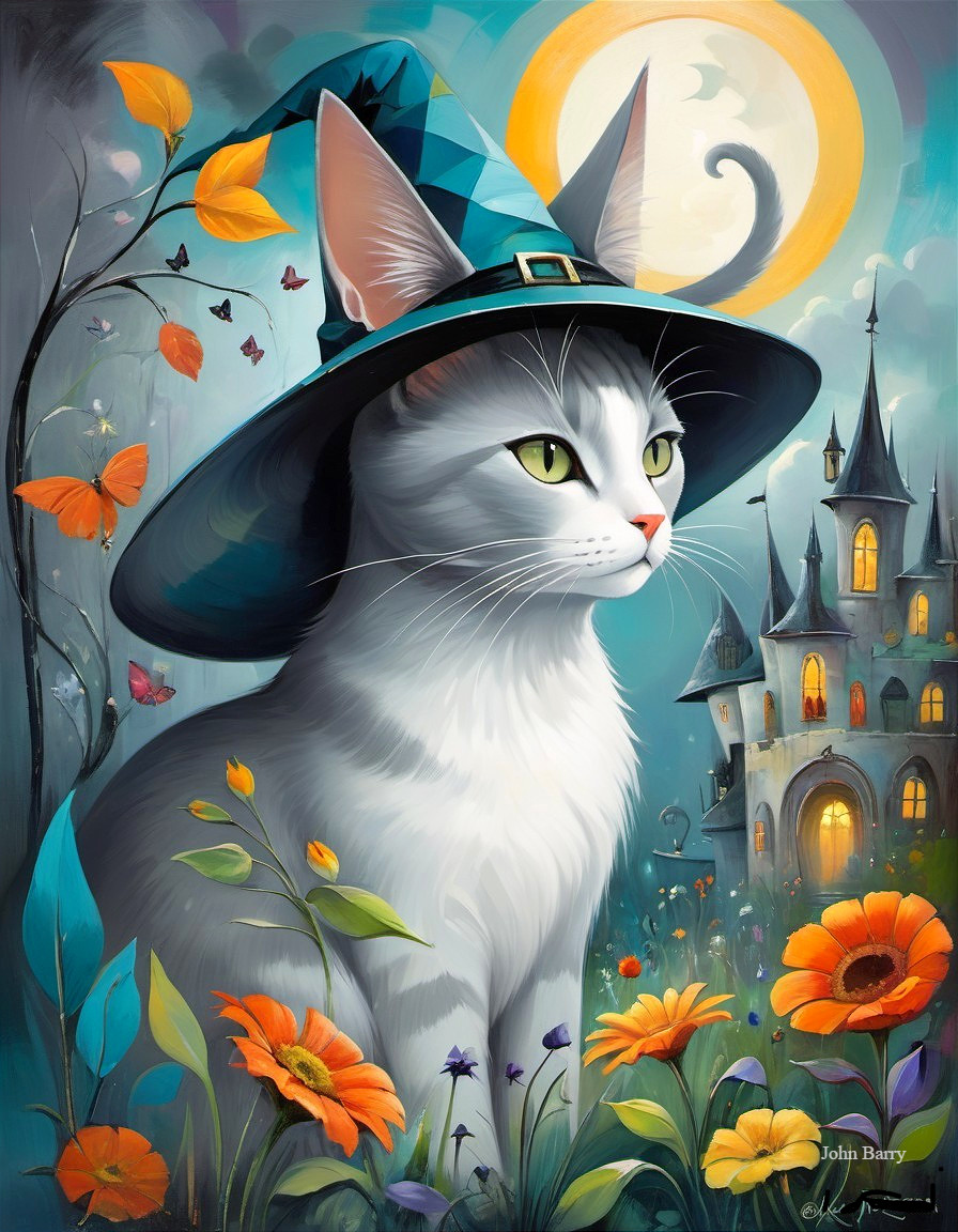 Whimsical Cat in Witch Hat with Enchanted Castle