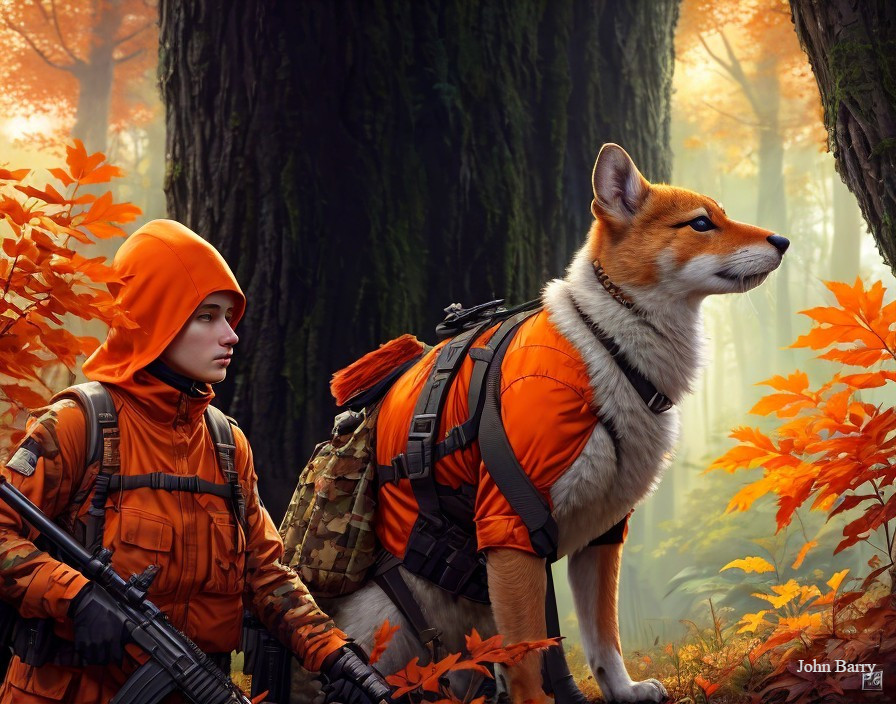 Autumn Forest Scene with Person and Dog in Orange