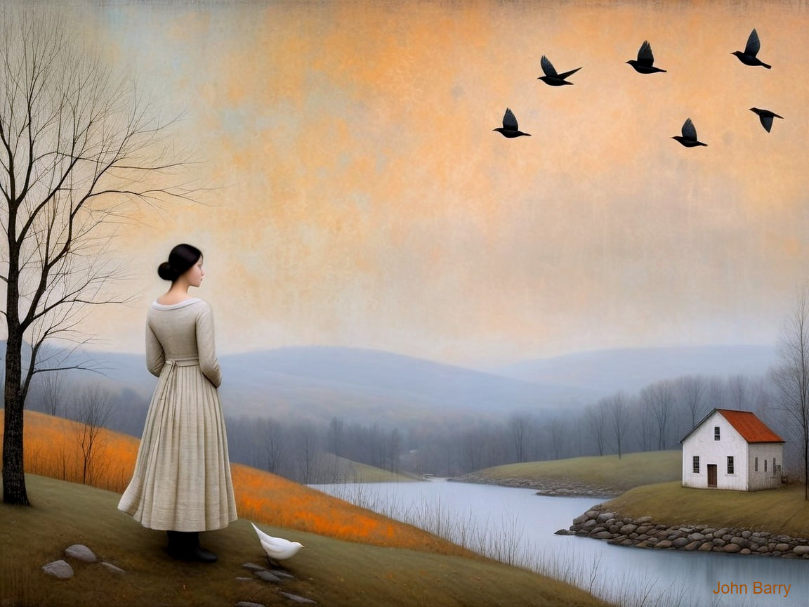 Serene landscape with woman by river and distant house