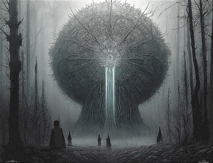 Mystical tree with figures in foggy forest landscape