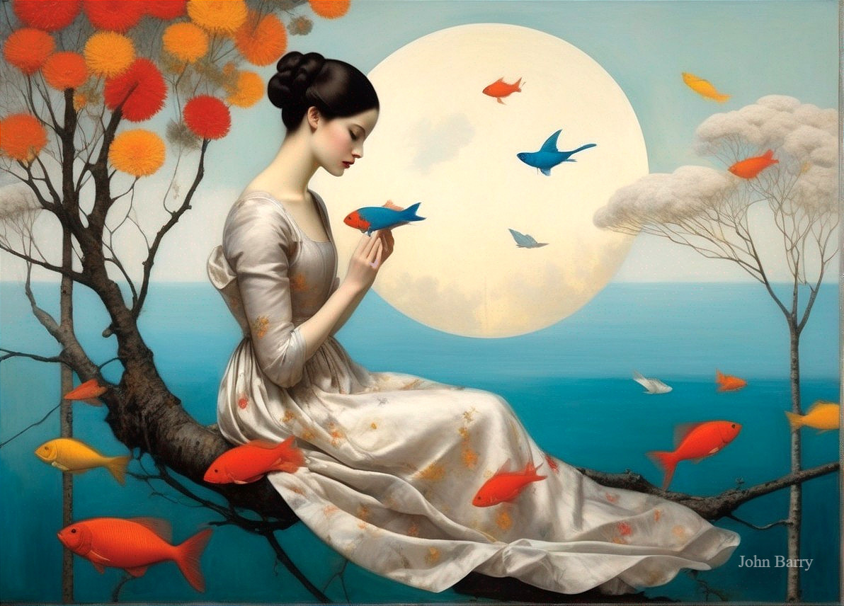 Serene Figure on Branch with Colorful Fish and Moon