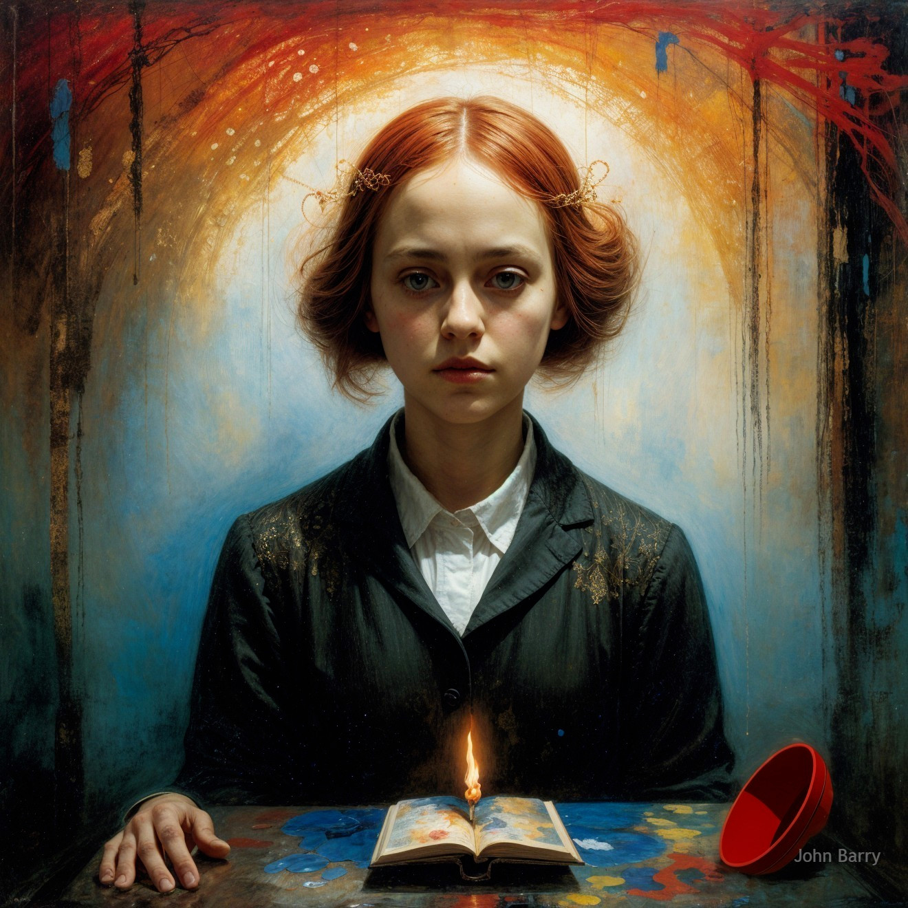 Young girl with red hair by a glowing flame and book