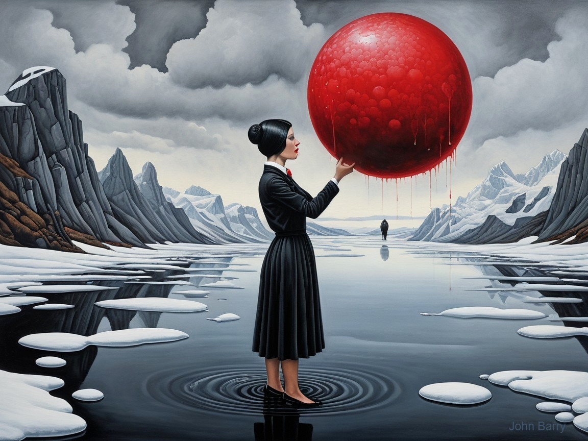 Surreal Scene of Woman on Water with Red Orb