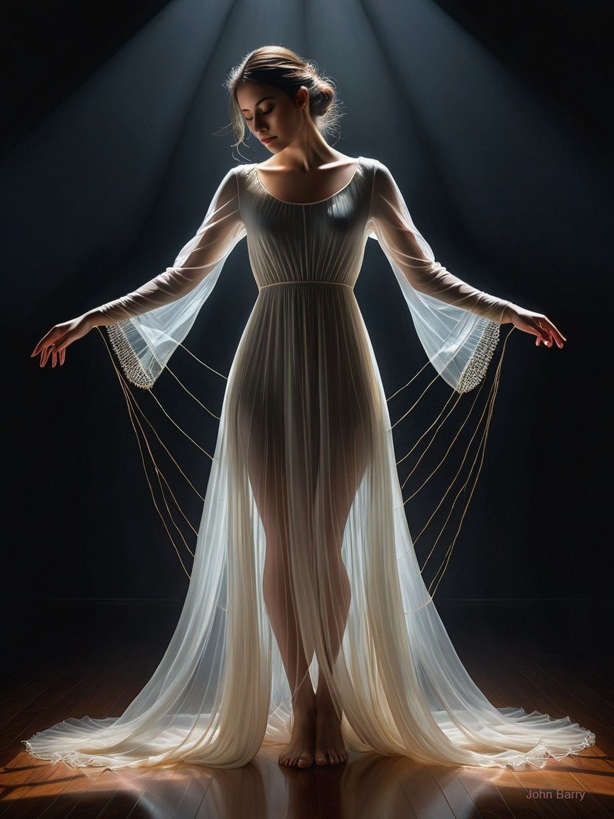 Elegant figure in dim light wearing flowing gown