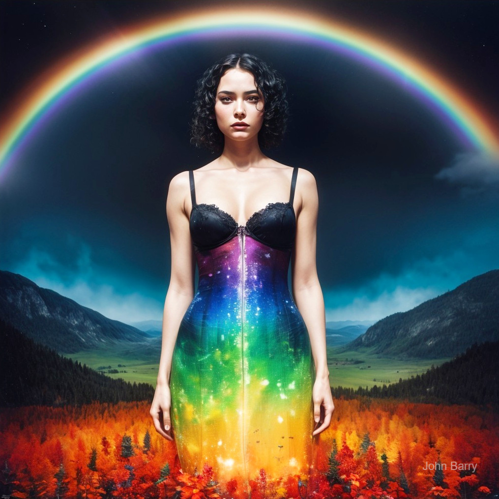 Colorful Dress in Lush Landscape with Rainbow Background