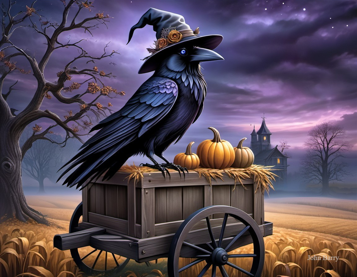 Whimsical Raven in Witch Hat with Halloween Decor