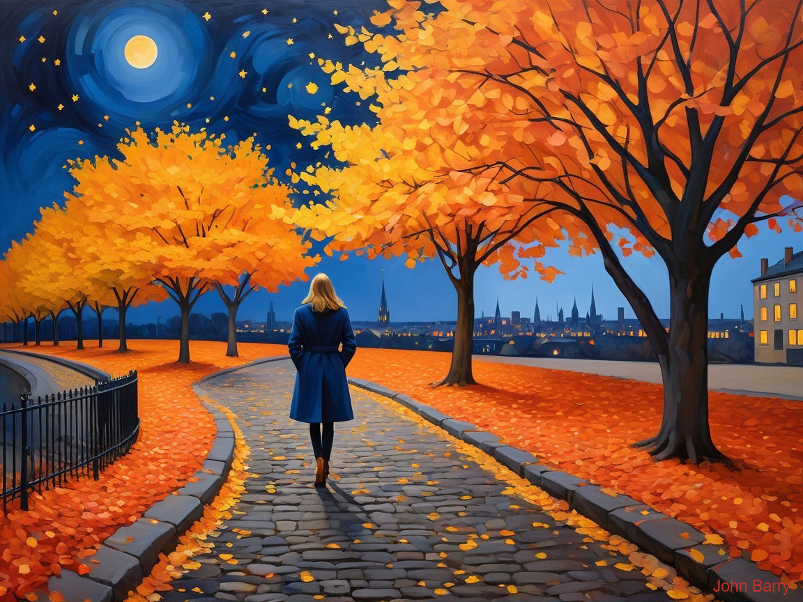 Autumn Evening Scene with Woman on Cobblestone Path
