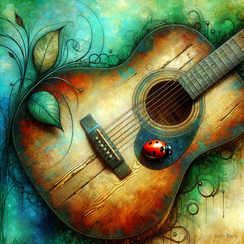 Intricately Designed Acoustic Guitar Amidst Vibrant Swirls