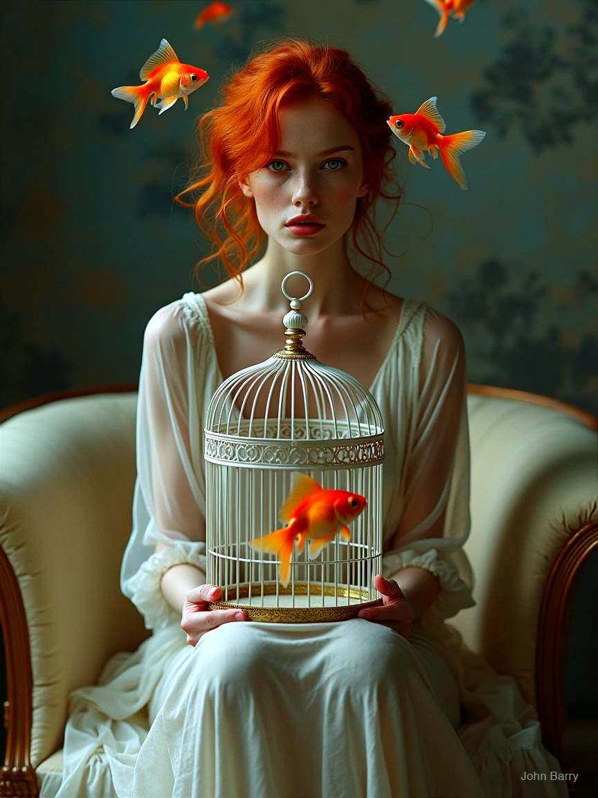 Woman with red hair in armchair with birdcage and goldfish