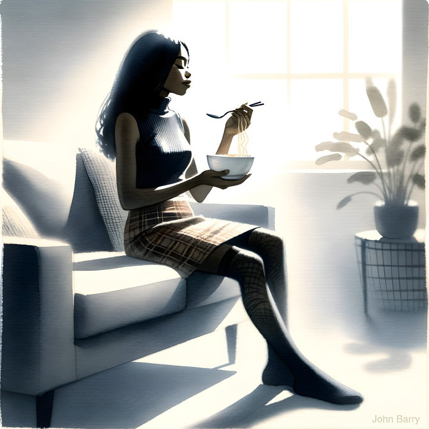 Woman enjoying noodles on a cozy sofa with sunlight