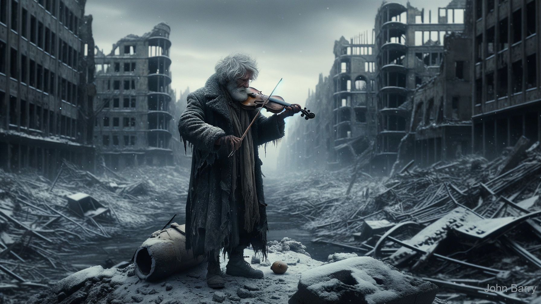 Elderly Musician Playing Violin in Post-Apocalyptic Ruins