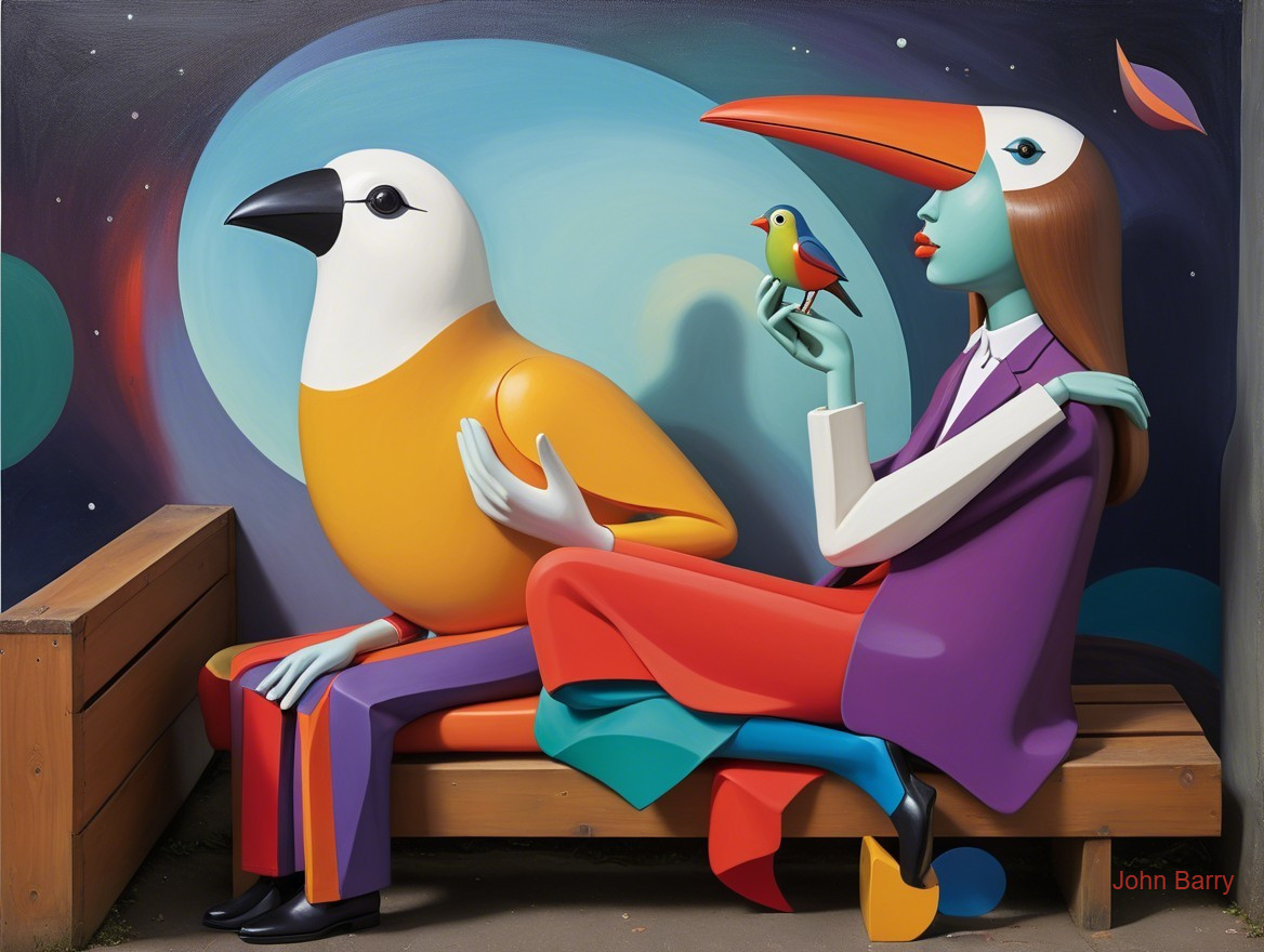 Surreal Artwork with Bird-Headed Figure and Nature Themes