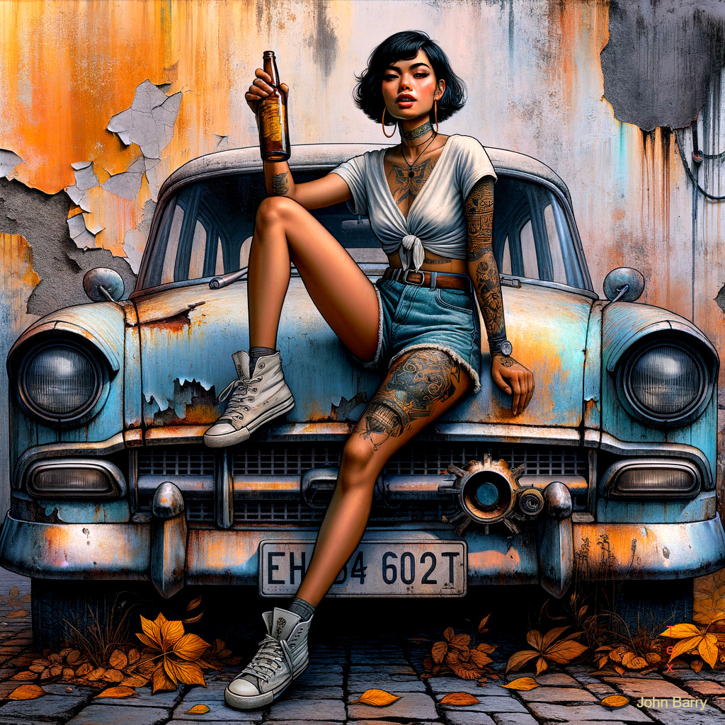 Stylish Woman Posing on Vintage Rusted Car