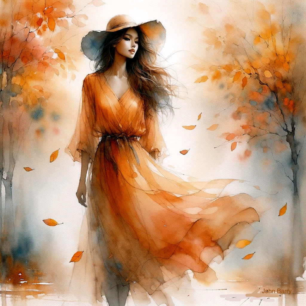 Watercolor Illustration of Woman in Autumn Setting