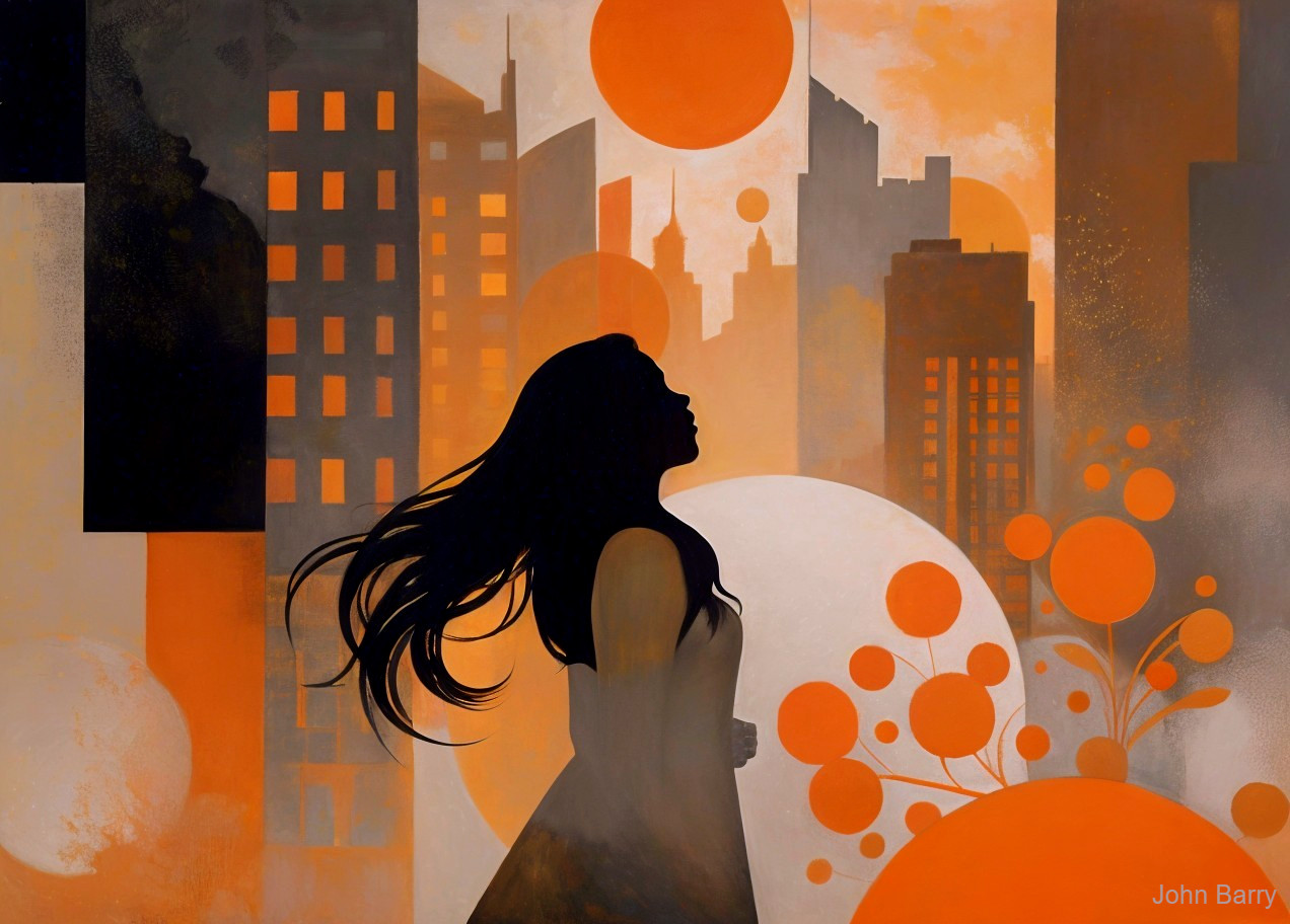 Silhouetted Woman Against Vibrant Urban Backdrop