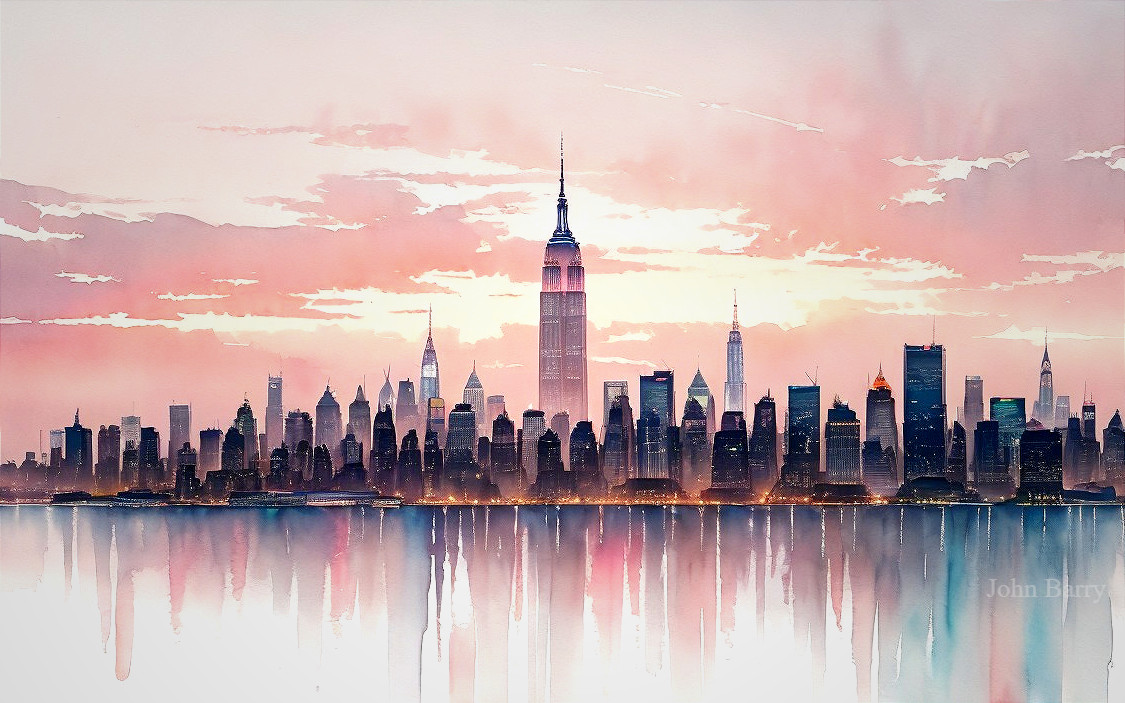 Watercolor Painting of New York City Skyline at Sunset